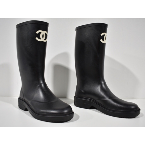 Chanel REV Black White Caoutchouc CC Logo High Pull On Rubber Rain Boots 42 - Picture 4 of 12